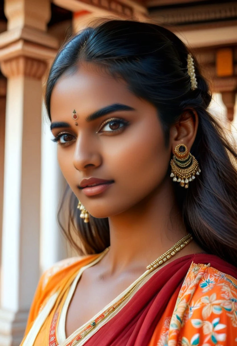 CLOSE-UP of a (Nilima_Shabana) (Nilima Shabana), framed face, , focus on face, CLOSEUP, dark-skinned female, beautiful girl, realistic, midriff, earrings, Indian girl, day, bindi dot in forehead, 1girl, very long hair, sidelight, cinematic light, bokeh,