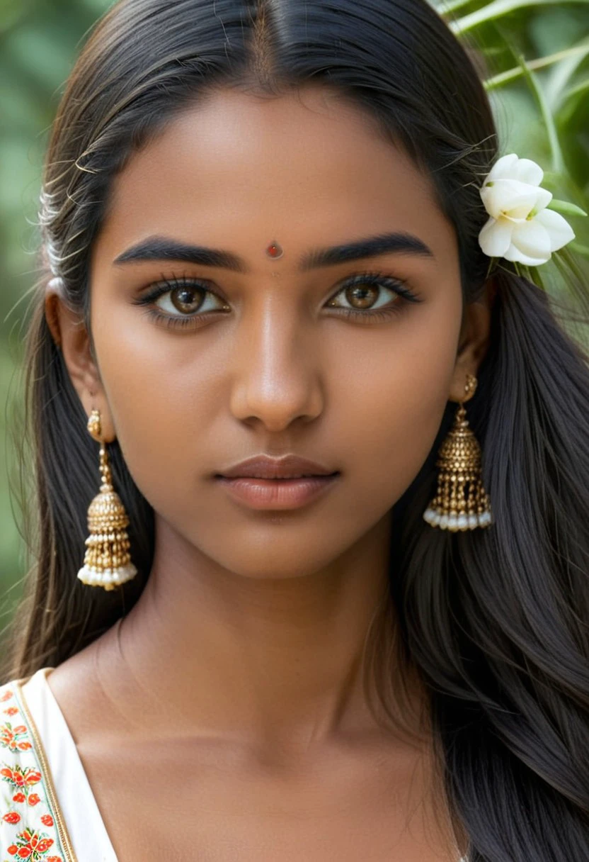 CLOSE-UP of a (Nilima_Shabana) (Nilima Shabana), framed face, , focus on face, CLOSEUP, dark-skinned female, beautiful girl, realistic, midriff, earrings, Indian girl, day, bindi dot in forehead, 1girl, very long hair,