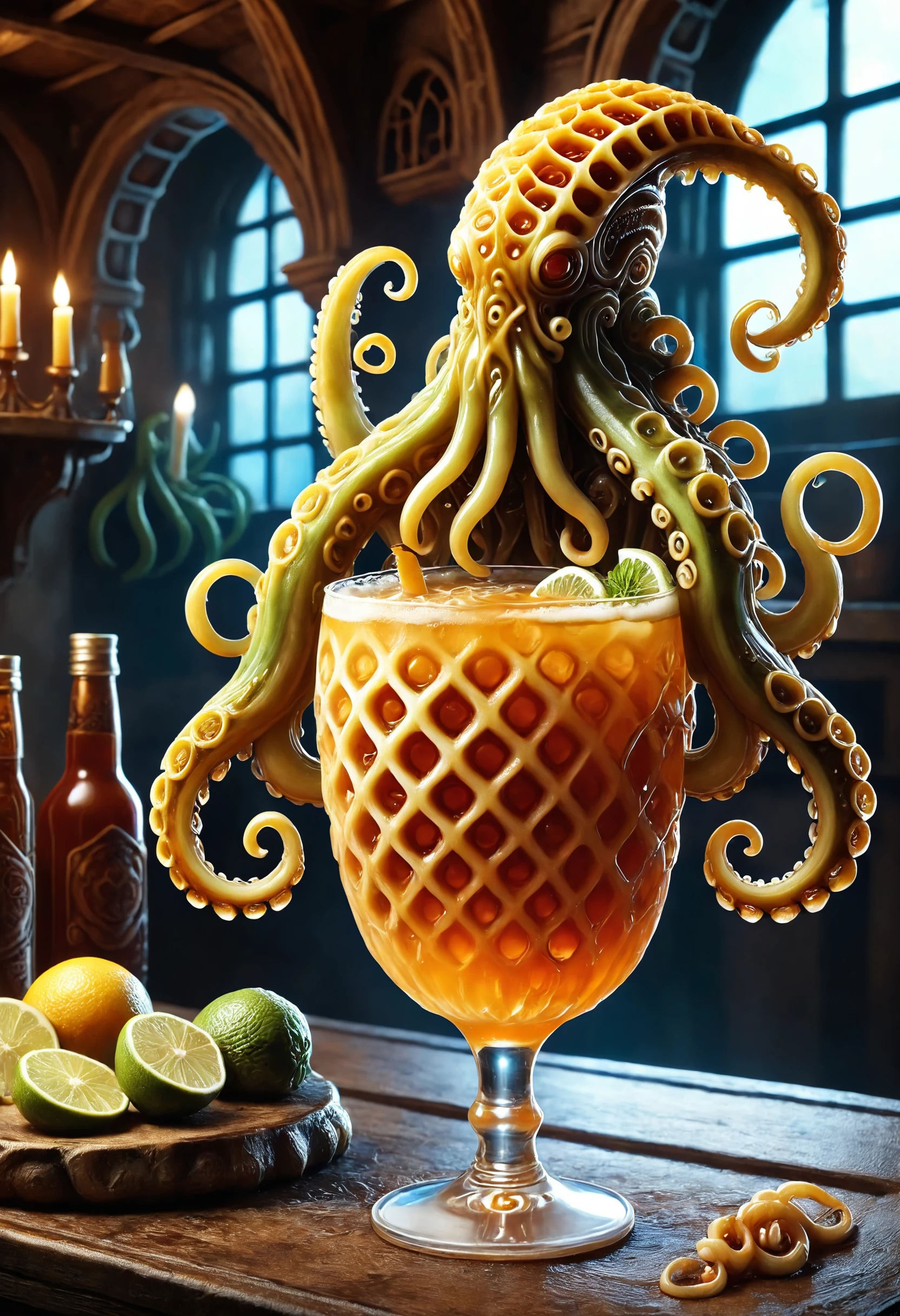 a cocktail with tentacles inspired by Cthulhu in a medieval tavern
 <lora:dvr-wffl:1> dvr-wffl