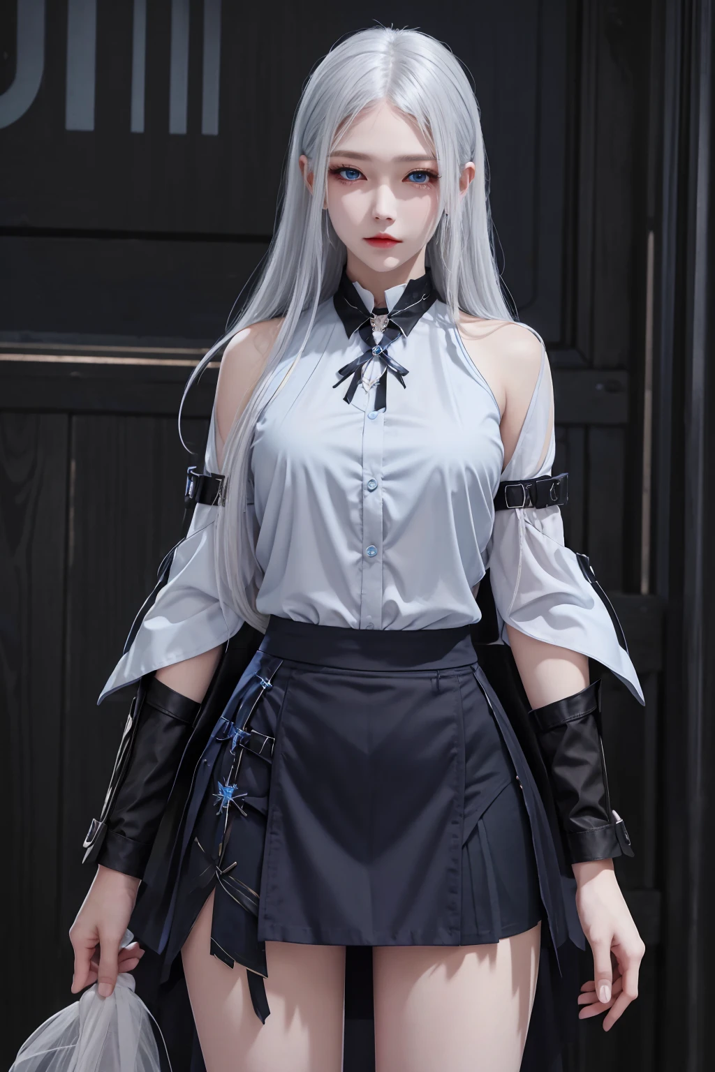 masterpiece,best quality,1girl,women,solo,hips up,upper body,closed mouth,blue eyes,accessories,shirt,black skirt,skirt suit,long hair,white hair,jewelry,<lora:more_details:0.3>,<lora:narakazaiji:0.6>,<lora:Samurai_armor:0.5>,