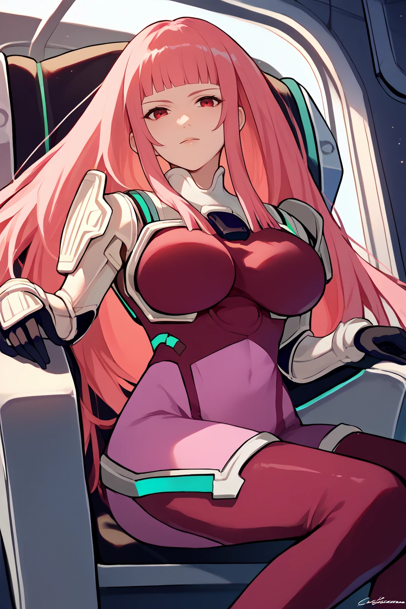 score_9, score_8_up, score_7_up, score_6_up, source_anime, 1girl, solo,   <lora:zoeken-pdxl-nvwls-v1-000008:1> zoeKen, pink hair, long hair, blunt bangs, red eyes, pink bodysuit, black gloves, shoulder pads, gauntlets, large breasts, space station, indoors, sitting in chair, looking at you, happy