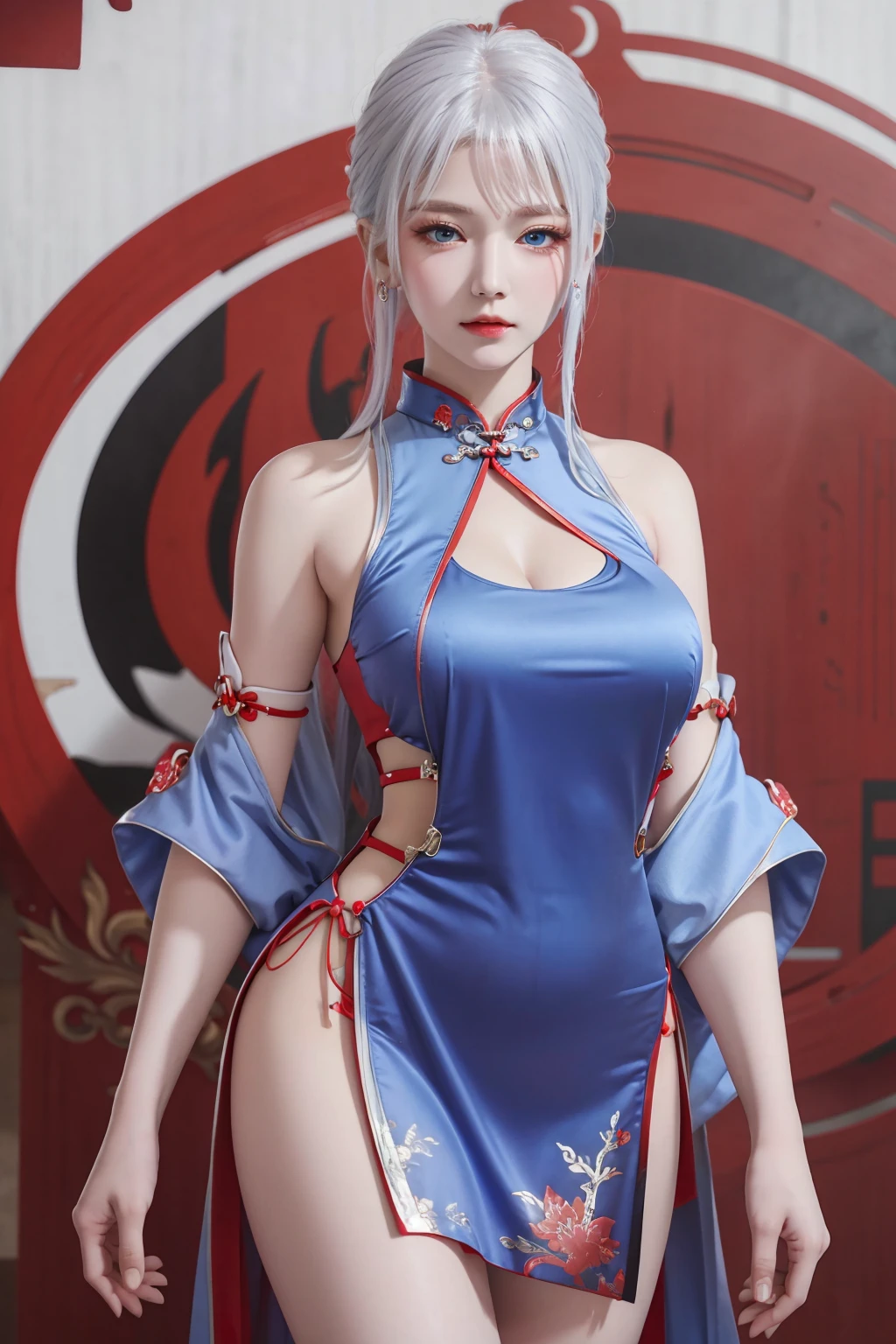 masterpiece,best quality,1girl,women,solo,hips up,upper body,closed mouth,blue eyes,accessories,red cheongsam,red china_dress,white hair,jewelry,<lora:more_details:0.3>,<lora:narakazaiji:0.6>,<lora:Samurai_armor:0.5>,