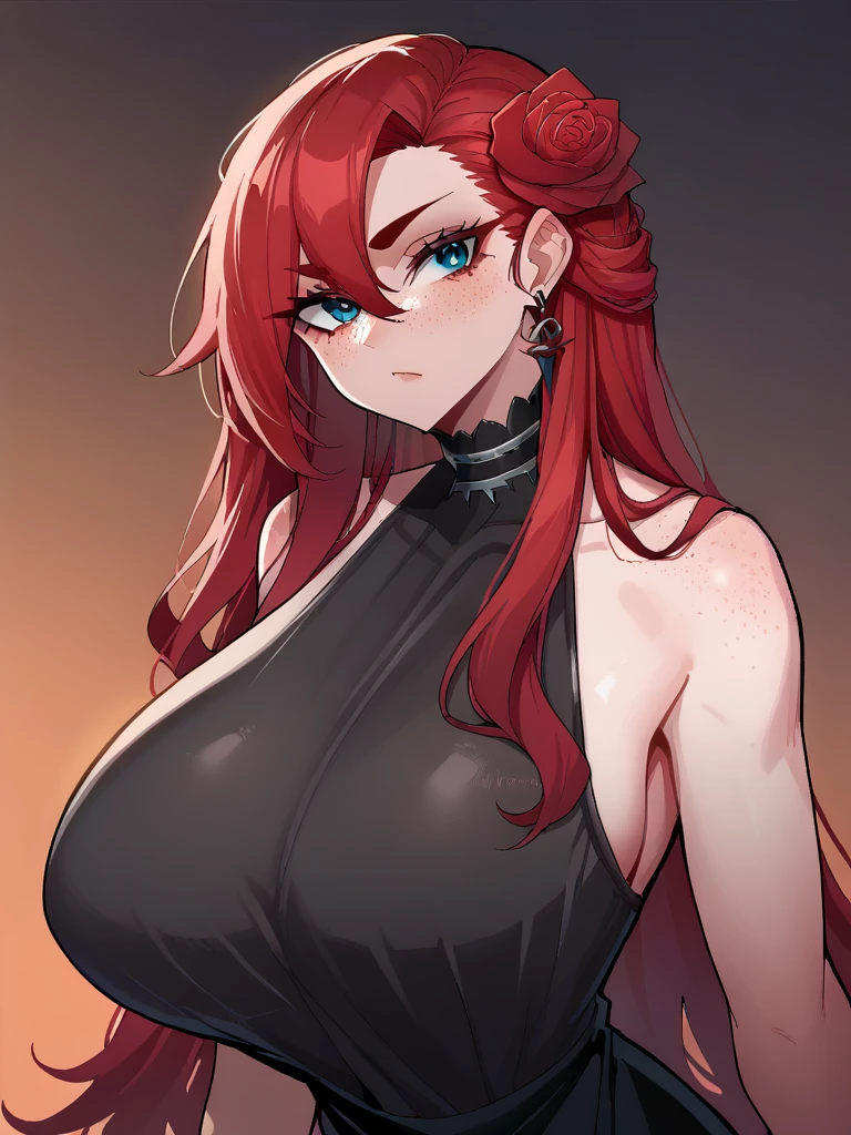 male to female trans, full, pursed lips, freckles, long curly red hair with bangs, crystal blue eyes with smoky eyeshadow and black eyeliner, semi-matte black lipstick, pale to sun-kissed skin, smug and seductive smile, teal sundress, big futanari genital bulge