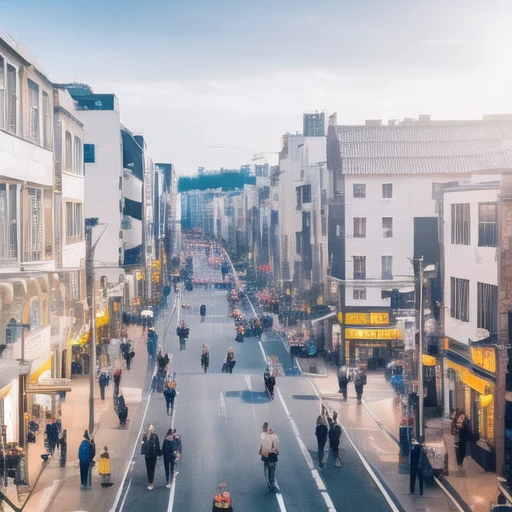 A street illuminated by sunlight,with many pedestrians on the road,<lora:City-jiejing-000002:0.6>,<lora:jiandi-000014:0.6>,