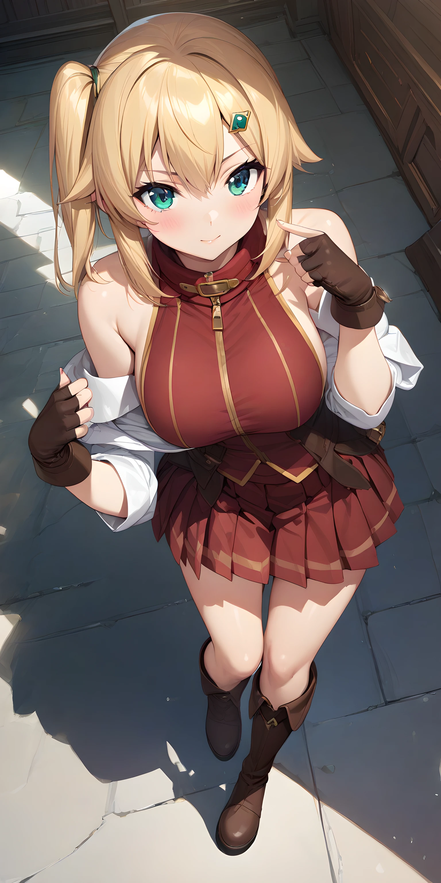 (masterpiece),(best quality),(ultra-detailed),(best illustration),(best shadow),(absurdres),(detailed background),(very aesthetic), emma_brightness, blonde hair, gloves, fingerless gloves, skirt, hair ornament, hairclip, large breasts, red skirt, bare shoulders, 1girl, solo, green eyes, side ponytail, full body, boots, pleated skirt, five finger, <lora:XL-EmmaBrightness:1>