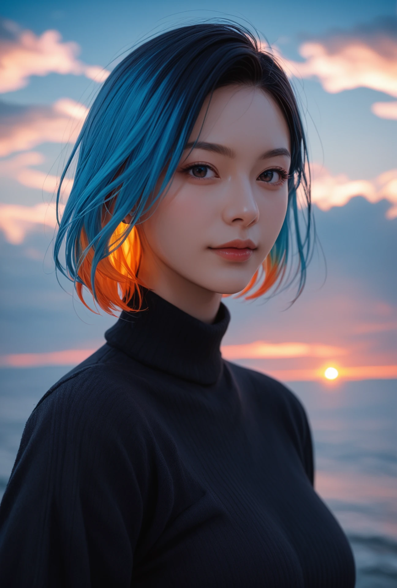 score_9, score_8_up, score_7_up, film grain, photo by fuji-proplus-ii film, raw picture of 20 years old woman in black sweater, portrait, deep blue sky, cloudy sky, outdoor, high key light, soft shadow, Fiery clouds, colored hair,