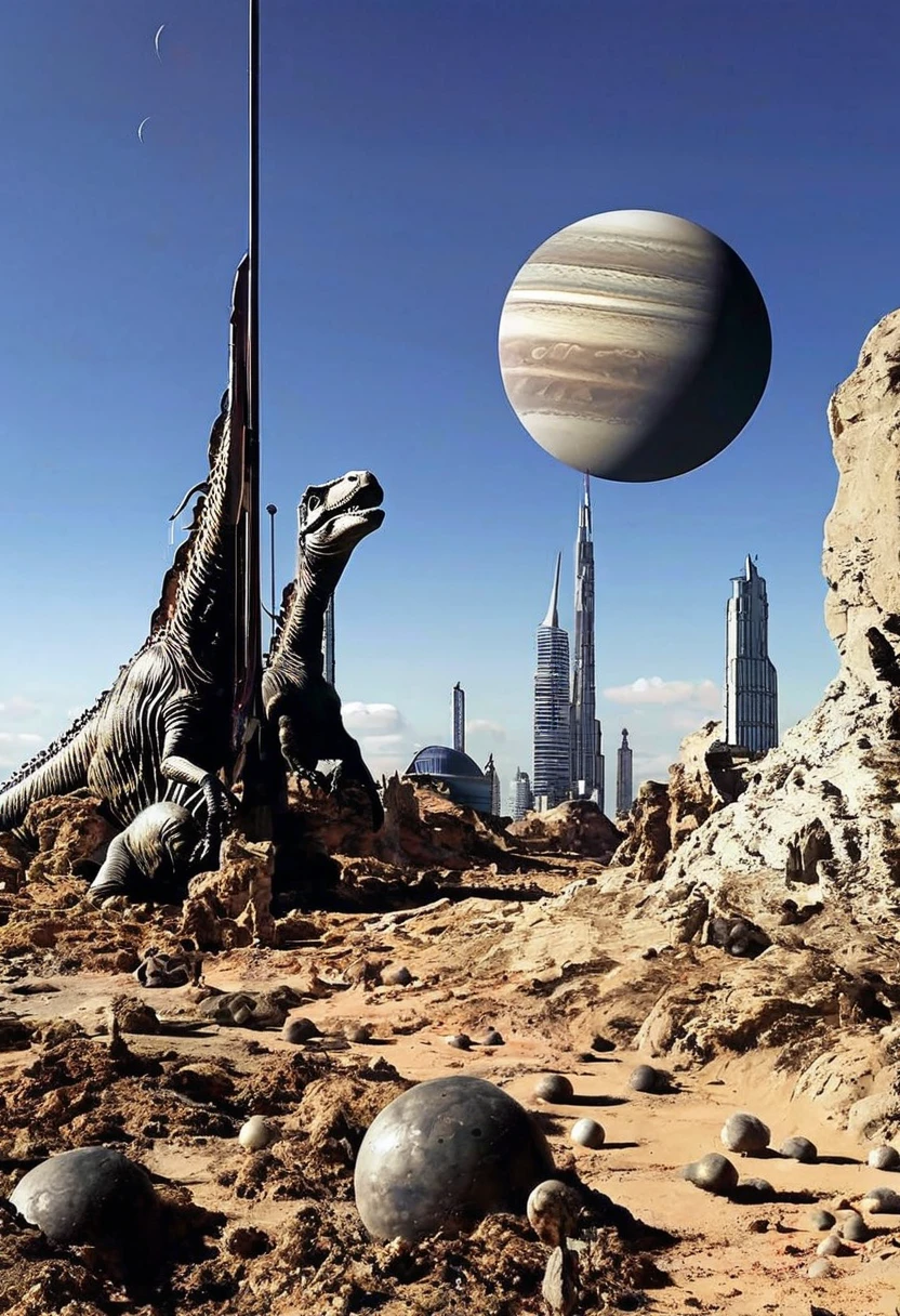 surrealist landcape with planets, dinosaurs and skyscrapers