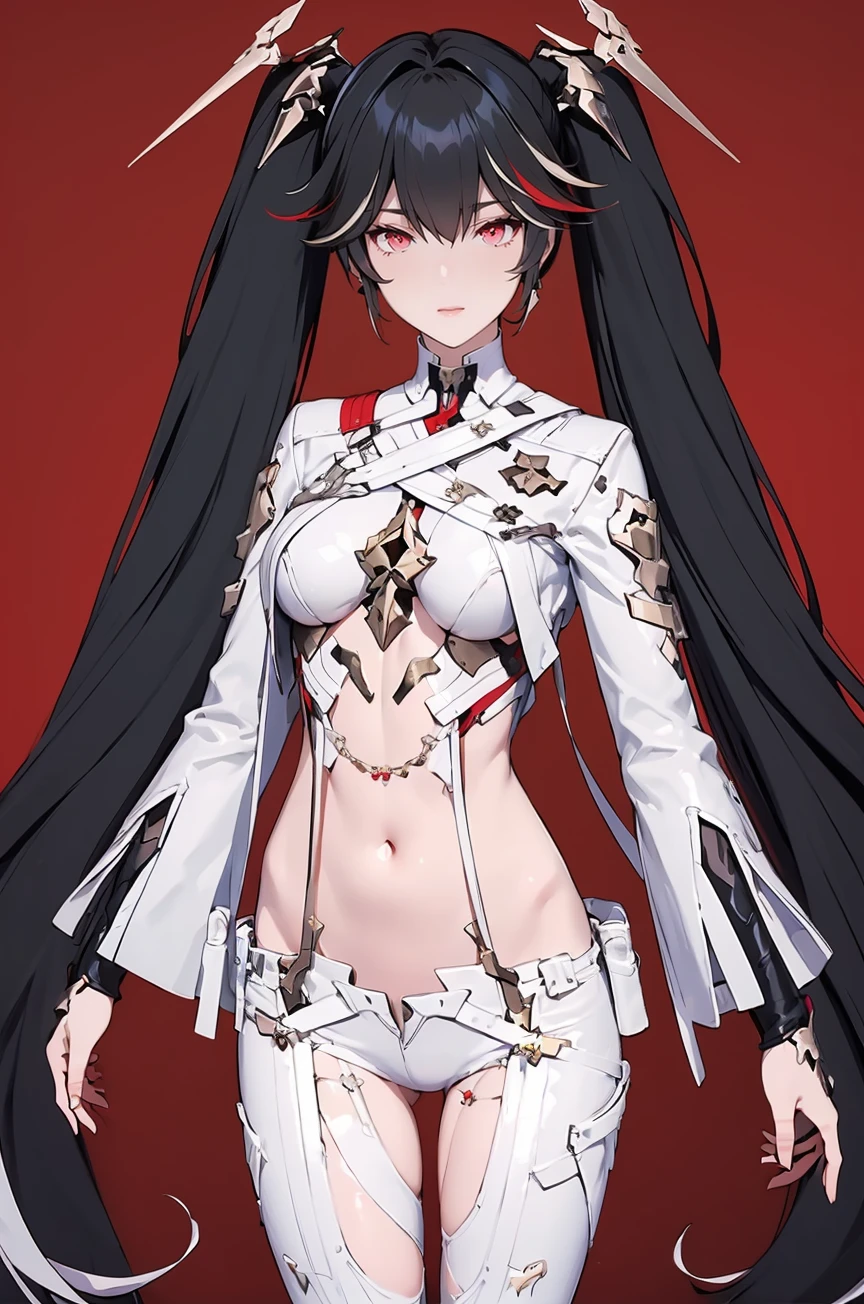 (masterpiece, best quality,masterpiece,illustration),
very long hair,red background,
<lora:Lucia Oath01:0.8>,Lucia Oath,twintails,hair ornament,multicolored hair,white bodysuit,navel,