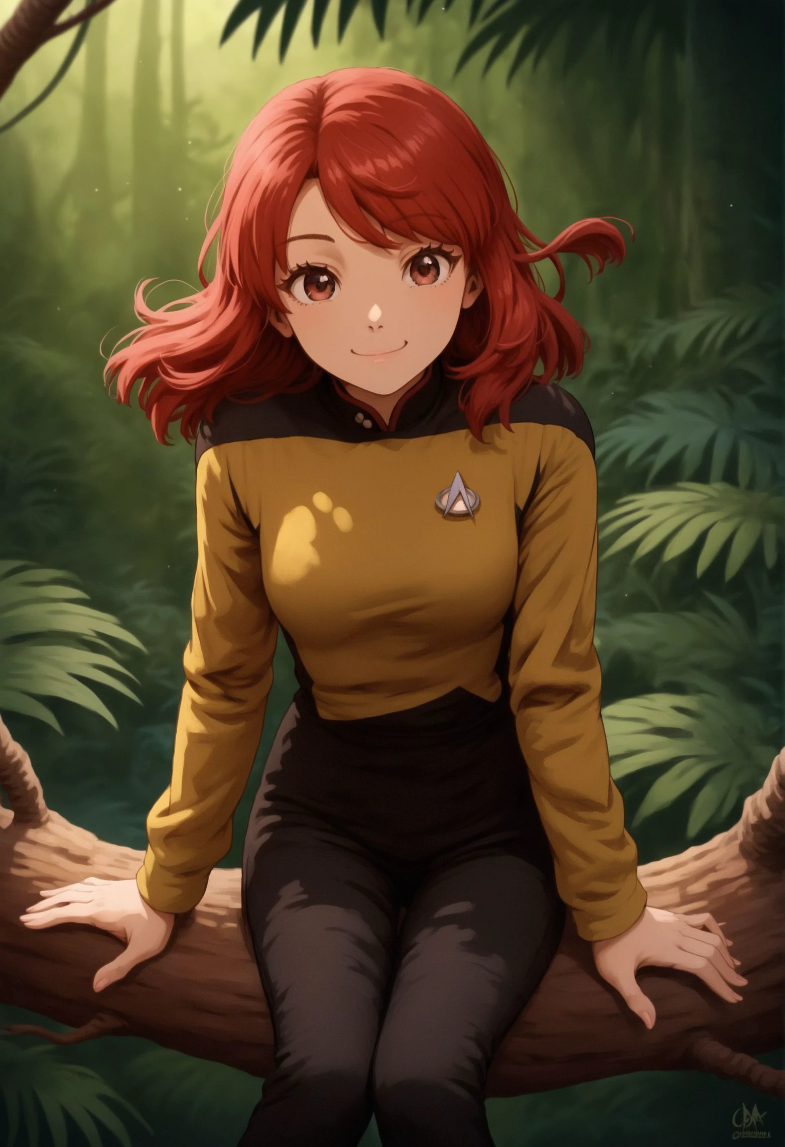 score_9,score_7_up,solo, source_anime, 1girl,sitting on branch,in a jungle,wind blowing,hair blowing,light smile, explorer hut,red hair,
s3stngunf,yellow uniform,black pants
,<lora:STTNGponyStrong>