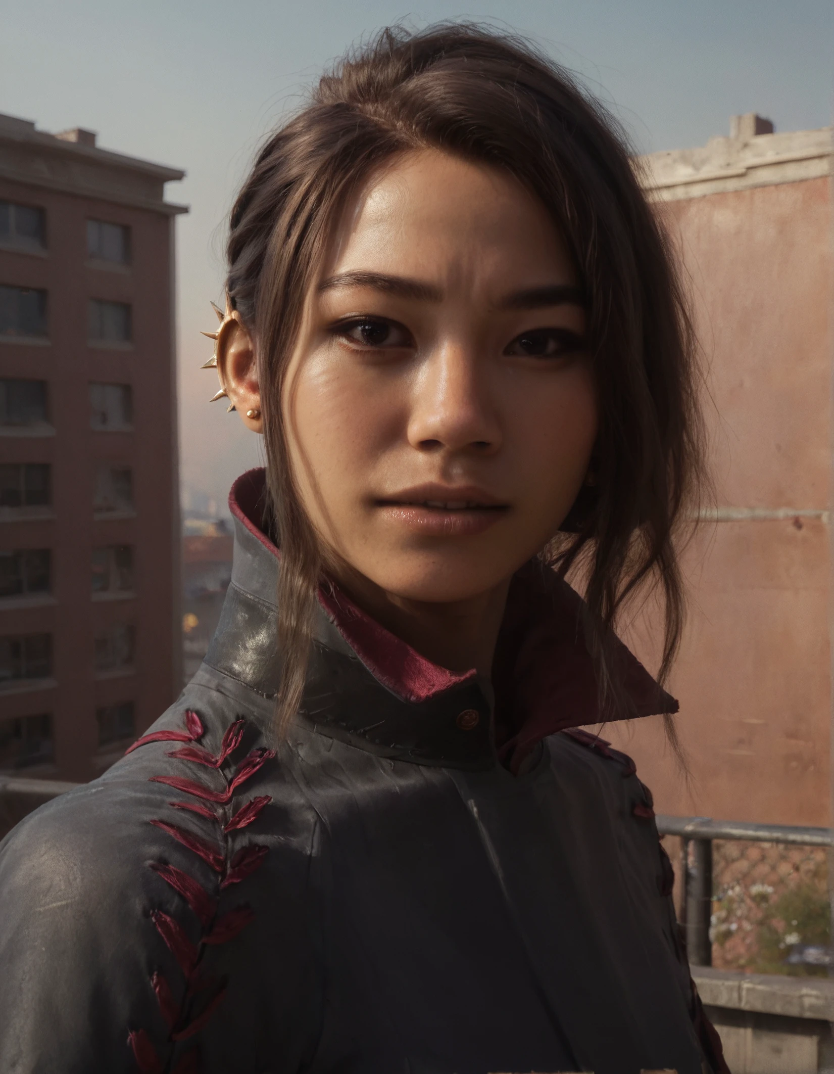 score_9, score_8_up, score_7_up,score_6_up,haymar,high resolution,3d,photo,realistic,asian,1girl,brown hair,hair bun,earrings,jacket,long sleeves,boots, volumetric lighting,rim lighting,dramatic shadow,on a rooftop,close-up,dynamic pose,looking at viewer,pov,front view,hand on hips