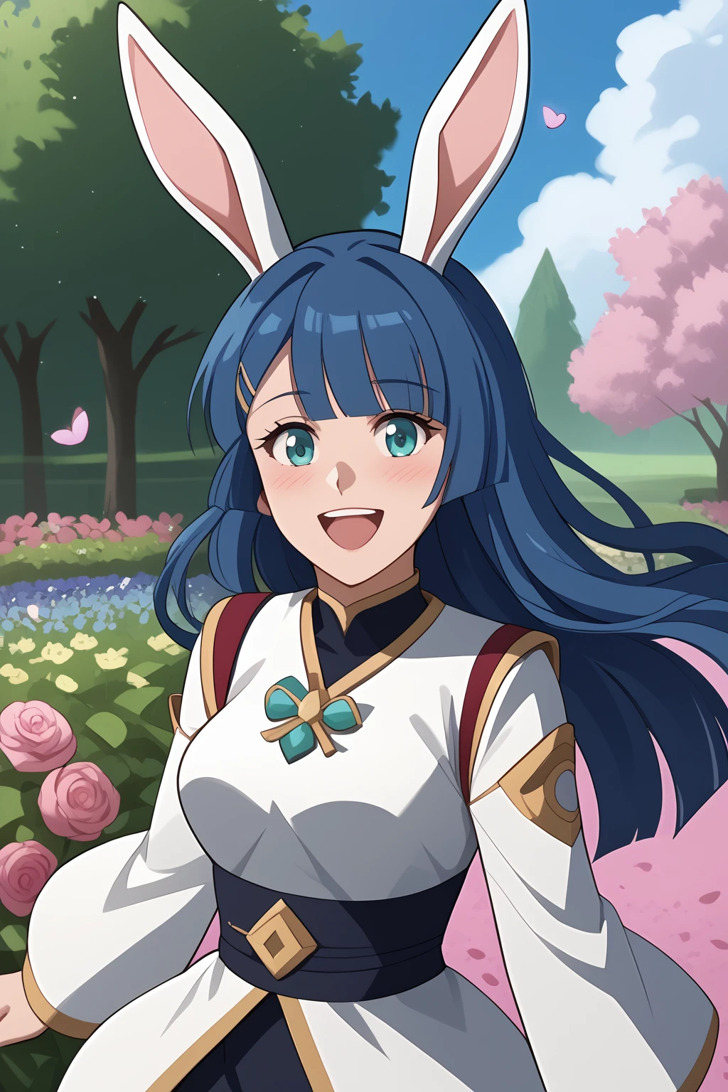 Luna Tsukino, Rabbit Ears, Blue Hair, Teal Eyes, Long Hair, Hime Cut Bangs, small  orb-looking hairclip, (nsfw), (uncensored), (score_9), score_8_up, score_7_up, source_anime, cowboy shot, dynamic pose, 1 Female, solo, happy smile joy, blush, ashamed, shy, sexy, charming, alluring, seductive, enchanting, erotic,
((outdoors)), ((flower garden)), ((flowers)), ((many flowers)), spring petals, petals of flowers, spring, falling petals, flying butterflies<lora:EMS-423310-EMS:0.800000>