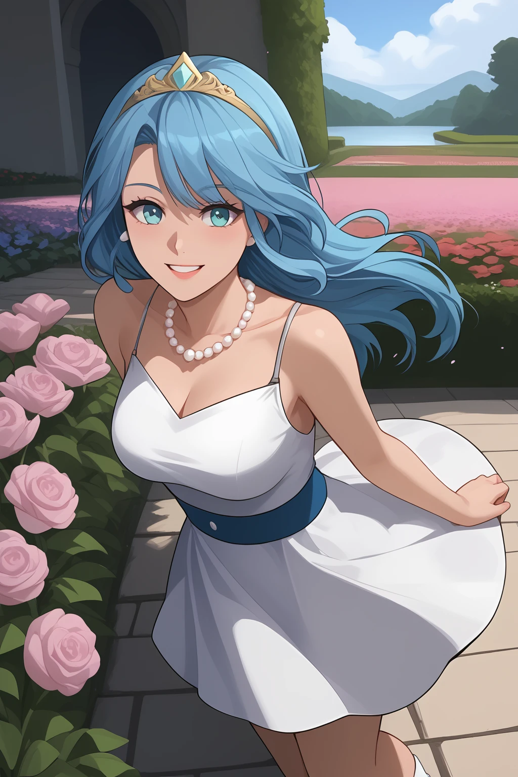 Sophia, blue hair, aquamarine eyes, yellow tiara headband with a ruby on top, white pearl-centered red necklace, white dress, white skirt, pink shoes, (nsfw), (uncensored), (score_9), score_8_up, score_7_up, source_anime, cowboy shot, dynamic pose, 1 Female, solo, happy smile joy, blush, ashamed, shy, sexy, charming, alluring, seductive, enchanting, erotic,
((outdoors)), ((flower garden)), ((flowers)), ((many flowers)), spring petals, petals of flowers, spring, falling petals, flying butterflies<lora:EMS-423776-EMS:0.800000>