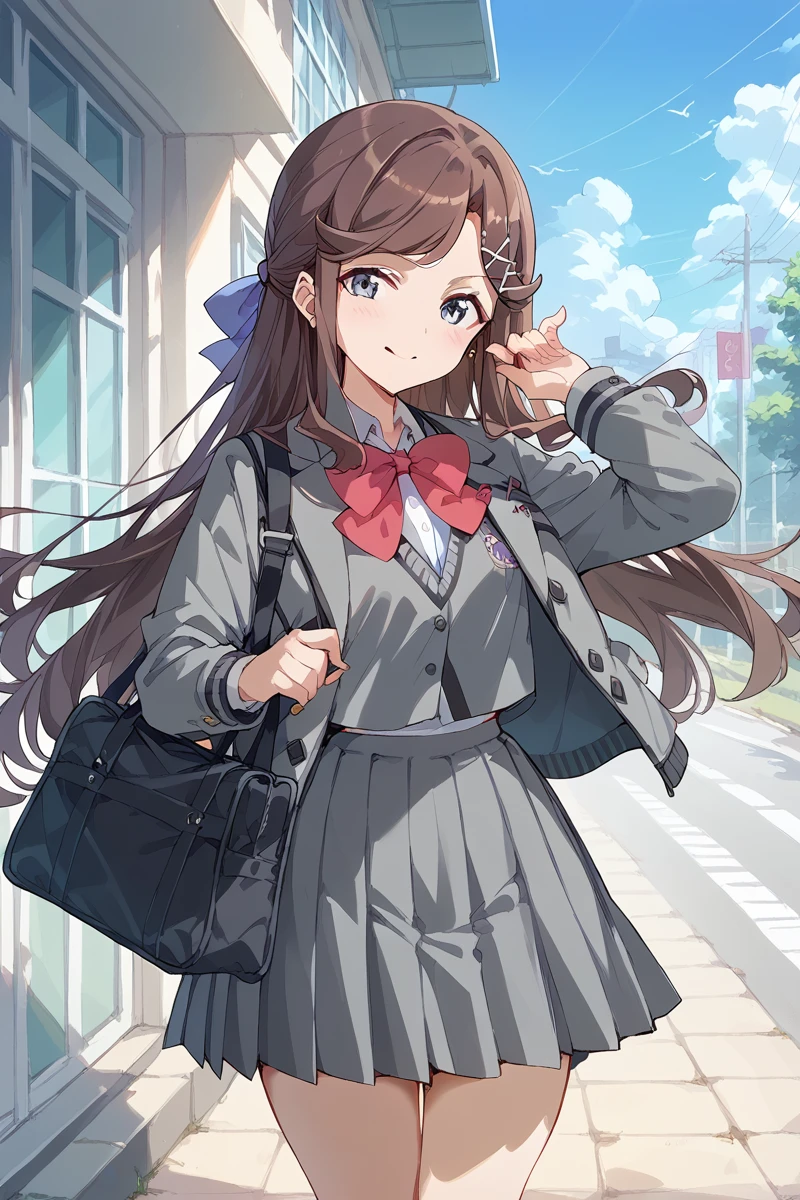 score_9, score_8_up, score_7_up, score_6_up, 1girl,
<lora:Maya_Tendo:0.9> maya, brown hair, long hair, x hair ornament, bow, gray skirt, gray jacket, school uniform,