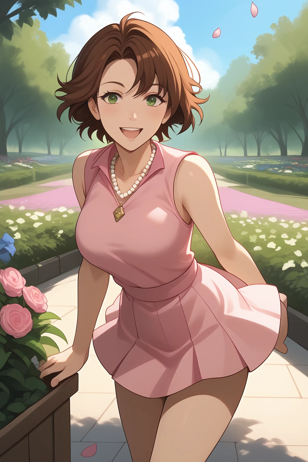 Mangetsu Miyoko, Brown Hair, Short Hair, Green Eyes, Fair Skin, pink sleeveless shirt, pink micro skirt. golden-coloured bead necklace,
(nsfw), (uncensored), (score_9), score_8_up, score_7_up, source_anime, cowboy shot, dynamic pose, 1 Female, solo, happy smile joy, blush, ashamed, shy, sexy, charming, alluring, seductive, enchanting, erotic,
((outdoors)), ((flower garden)), ((flowers)), ((many flowers)), spring petals, petals of flowers, spring, falling petals, flying butterflies<lora:EMS-423391-EMS:0.800000>