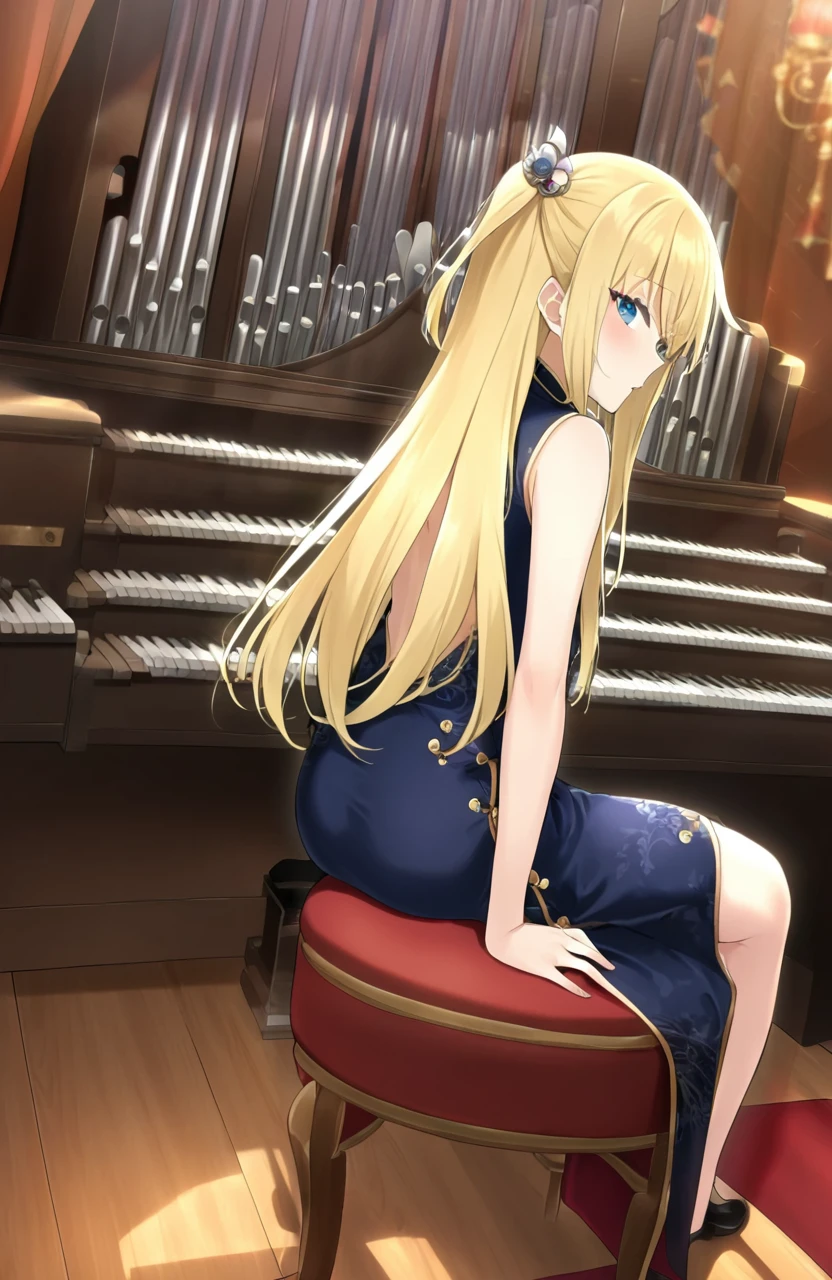 1girl,azuuru, macaroni hourensou,
solo,blonde hair,long hair,one side up,blue eyes,on back,back turned,looking back,china dress,on stool, organ keys,organ pipe,organ \(instrument\), <lora:organXL:1>, masterpiece, newest, absurdres,safe