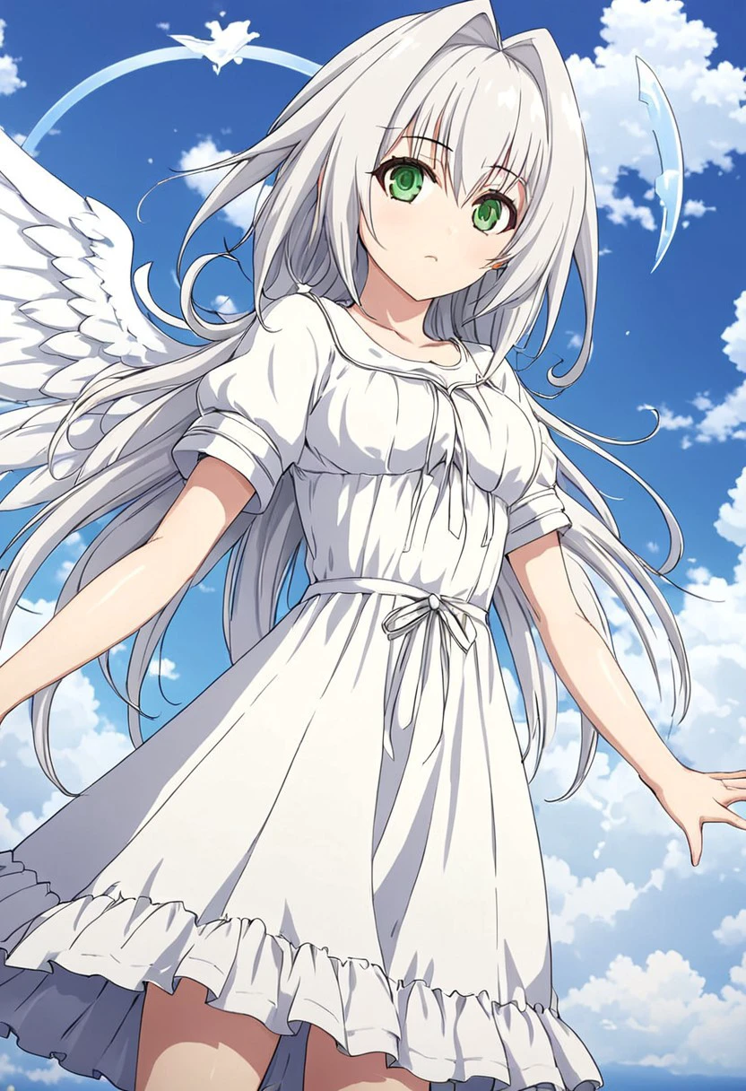 (extremely detailed CG unity 8k wallpaper),eye catching,(masterpiece), (best quality), (ultra-detailed), extremely detailed,(best illustration), an extremely delicate and beautiful ,CG ,unity ,8k wallpaper,solo, masterpiece, best quality, 1girl, emilia hermit, long silver hair, green eyes, angel, white dress, angel wings, halo, sky, clouds, flying, floating, dynamic angle,  score_4_up, score_anime, score_realstic