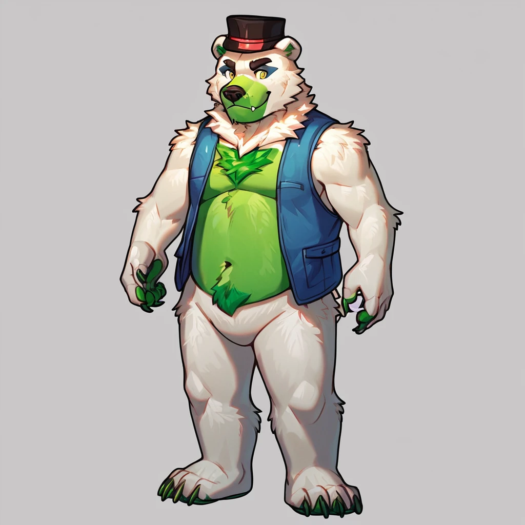 <lora:saucebear_ponyxl-10:1.0> score_9_up, score_8_up, score_7_up, source_furry, saucebear, black hat, bear face, bear ears, yellow eyes, white fur, green chest, blue vest, detailed eyes, detailed fur, full body