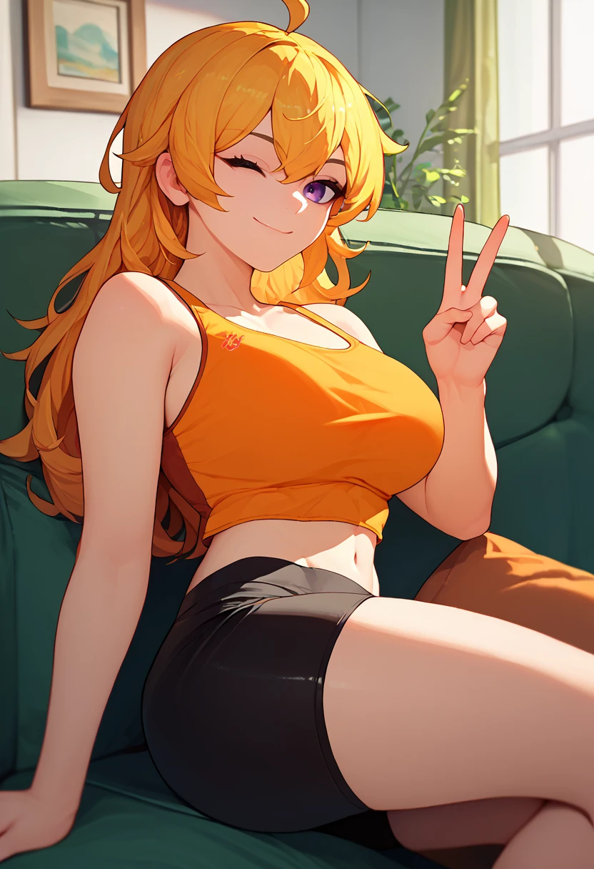 score_9, score_8_up, score_7_up, solo, 1girl, rwbyyangs1, smile, closed mouth, looking at viewer, sitting, couch, peace sign, ahoge, one eye closed, orange tank top, crop top, black shorts, bike shorts, bare shoulders, midriff, large breasts, indoors <lora:rwby_yangxiaolongS1_ponyXL:1>