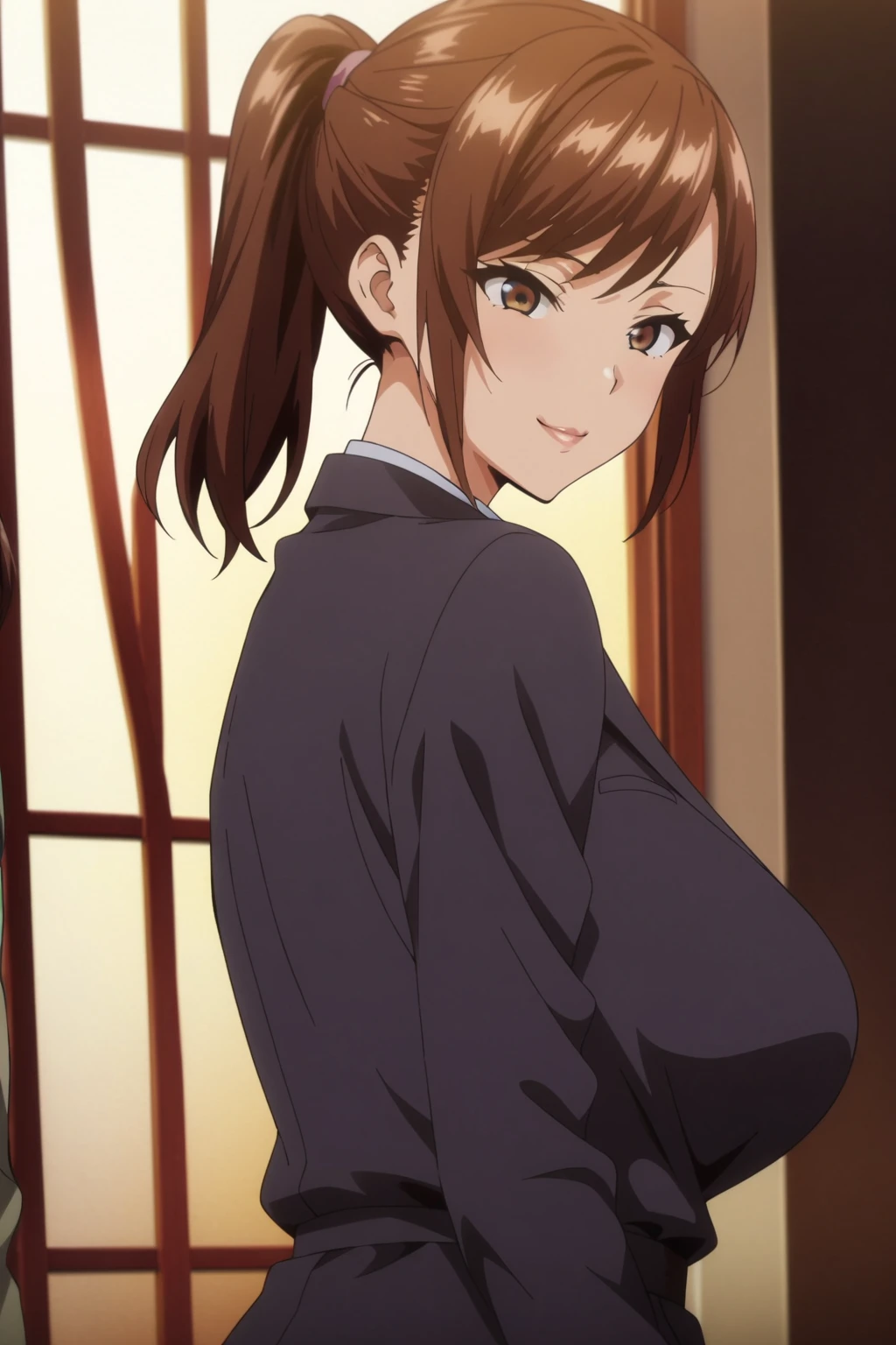 (masterpiece, best quality:1.2), 1girl, day, looking at viewer, ponytail, brown hair, Bangs, brown eyes, short hair, milf, smile, half-closed eyes  

portrait, office suit, woman, upper body, shoulder, waist, hands, hips, large breasts, (looking back)

anime screencap, high quality anime 2d color, 2d, Accurate describe shapes, beautiful face, expressive eyes, flat, (plain anime style), natural lighting, light particles, cinematic angle, (masterpiece), (best quality), (ultra-detailed), very aesthetic, illustration, perfect composition, intricate details, moody lighting, light rays, depth of field, cowboy shot, cinematic angle, establish,
