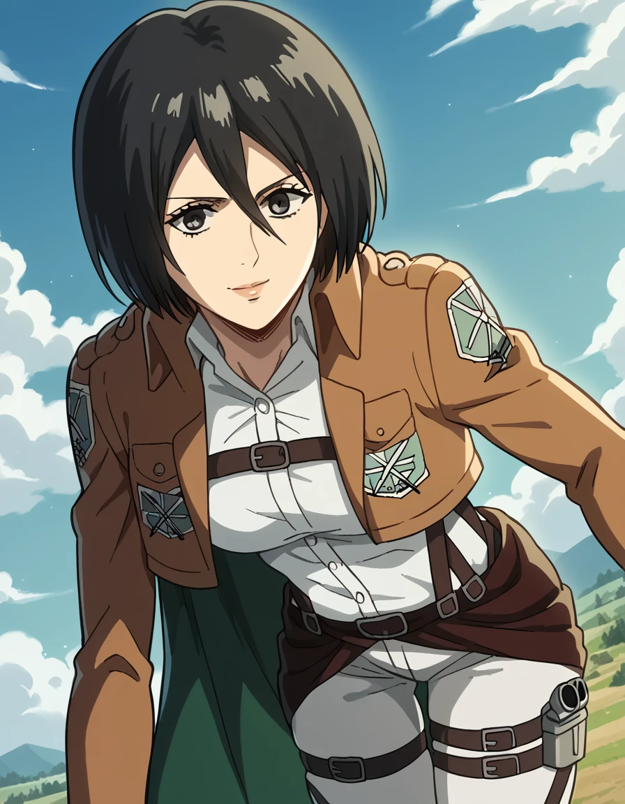 score_9, score_8_up, score_7_up, source_anime, <lora:mikasa-ackerman-s1-ponyxl-lora-nochekaiser:1>, mikasa ackerman, black hair, black eyes, short hair, hair between eyes, mature female, medium breasts,, <lora:paradis-military-uniform-ponyxl-lora-nochekaiser:1>, paradis military uniform, belt, cloack, cropped jacket, emblem, green cloak, jacket, long sleeves, pants, shirt, thigh strap, uniform, white pants, white shirt, brown jacket,, landscape, bent over, smile, looking at viewer, solo,, cowboy shot, dutch angle