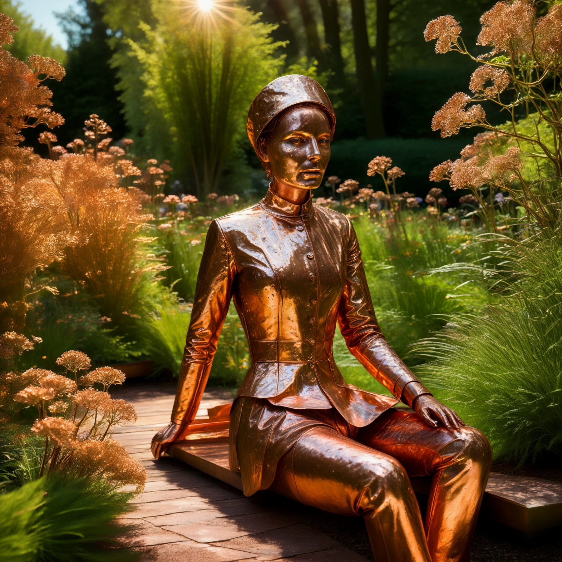 A copper woman sitting in the sun in the garden.

<lora:MadeOfCopper01_CE_SDXL:1>