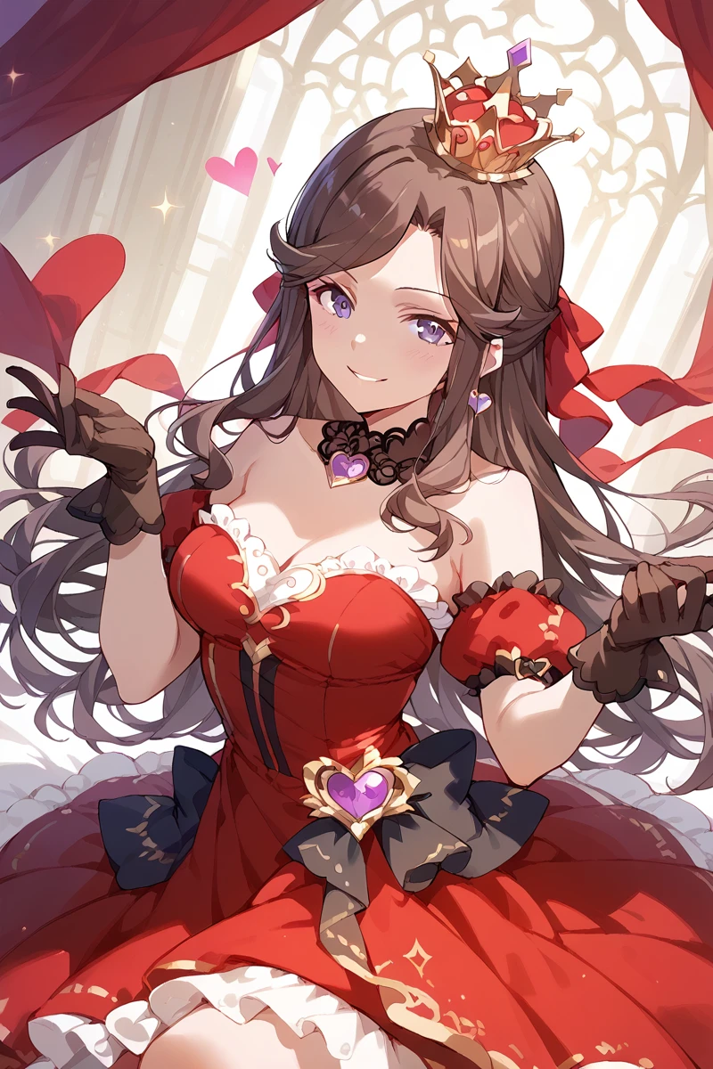 score_9, score_8_up, score_7_up, score_6_up, 1girl,
<lora:Maya_Tendo:0.9> maya, brown hair, long hair, solo, dress, red dress, crown, gloves, looking at viewer, breasts, smile, purple eyes, heart, sidelocks, strapless dress