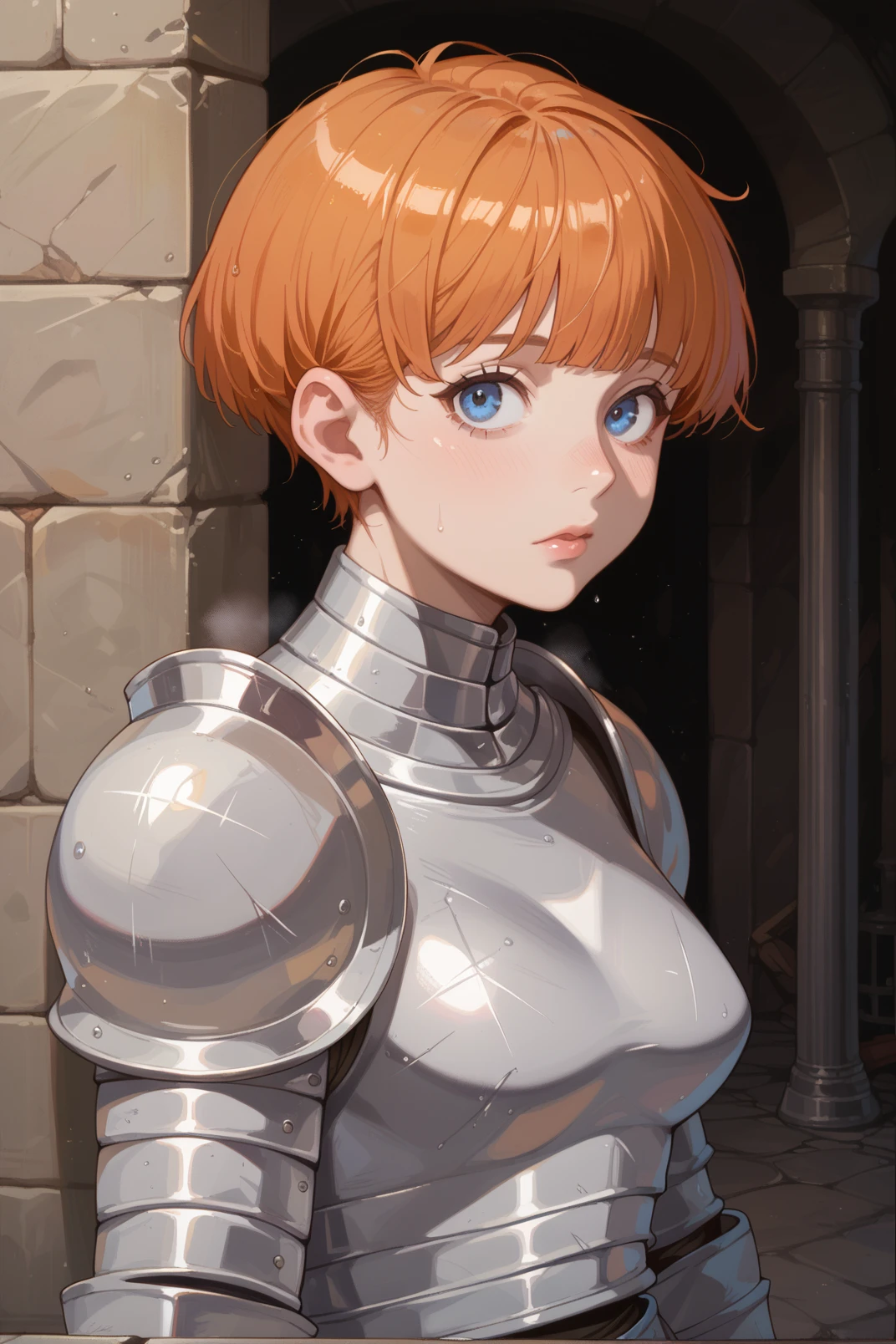 solo, 1girl, darceFH, orange hair, bangs, blue eyes, knight, steel armor, steel pauldrons, breastplate, standing, upper body, dungeon, looking at viewer, <lora:darceFH:0.9>, cold colors,, score_9, score_8_up, score_7_up, score_6_up