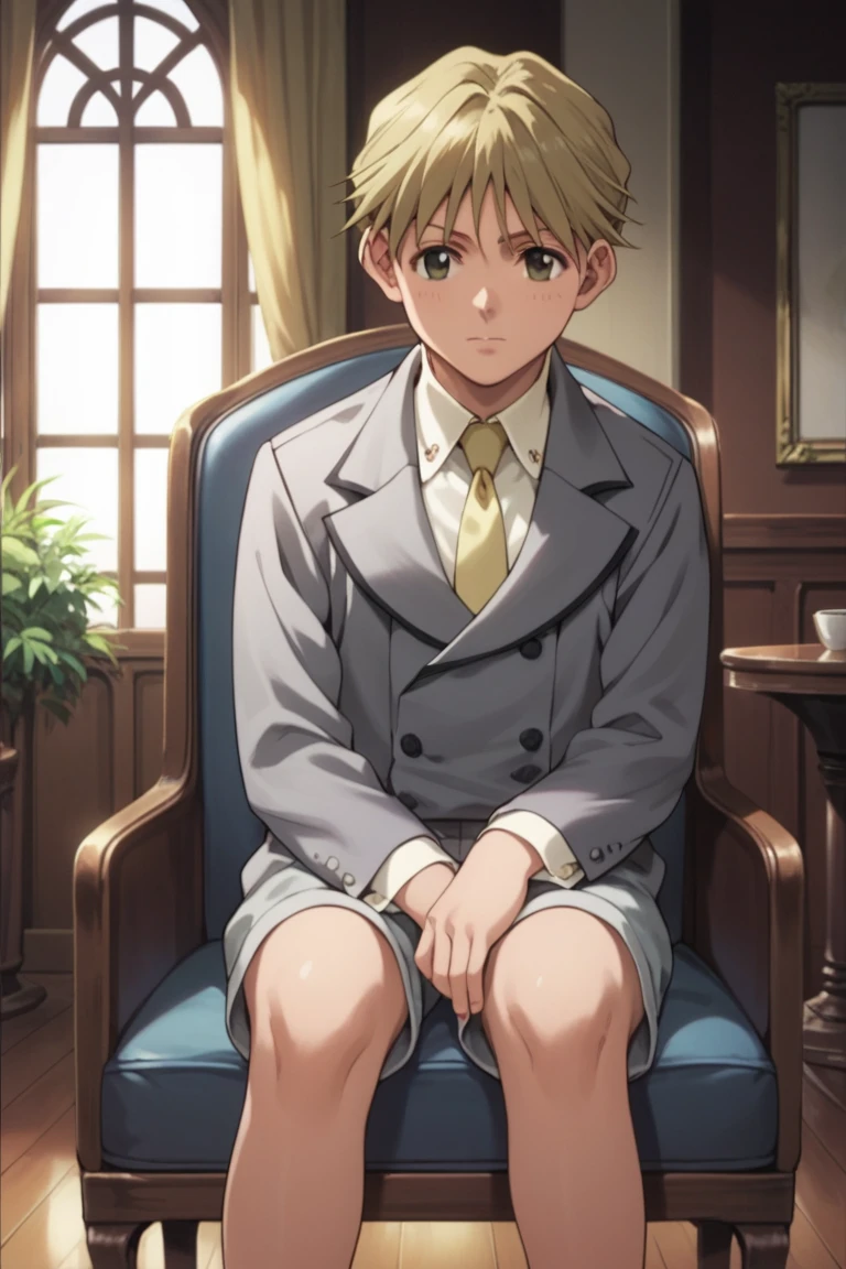 score_9, score_8_up, score_7_up, score_6_up, detailed, intricate details,best quality ,source_anime, cowboy shot,
garcia lovelace, blonde hair, brown eyes, 1boy, yellow necktie, sitting, chair, short hair, formal, window, grey jacket, grey shorts<lora:EMS-423730-EMS:1.000000>