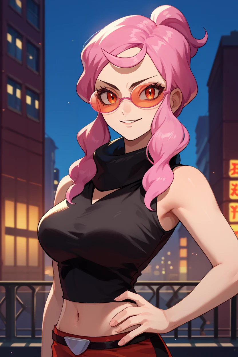 score_9, score_8_up, score_7_up, score_6_up, source_anime, 1girl, solo,  <lora:pkmnmalva-pdxl-nvwls-v1-000008:1> malva, pink hair, short ponytail, tinted eyewear, black crop top, turtleneck, sleeveless, midriff, belt, red pants, large breasts, upper body, city, looking at you, smirk, hand on hip