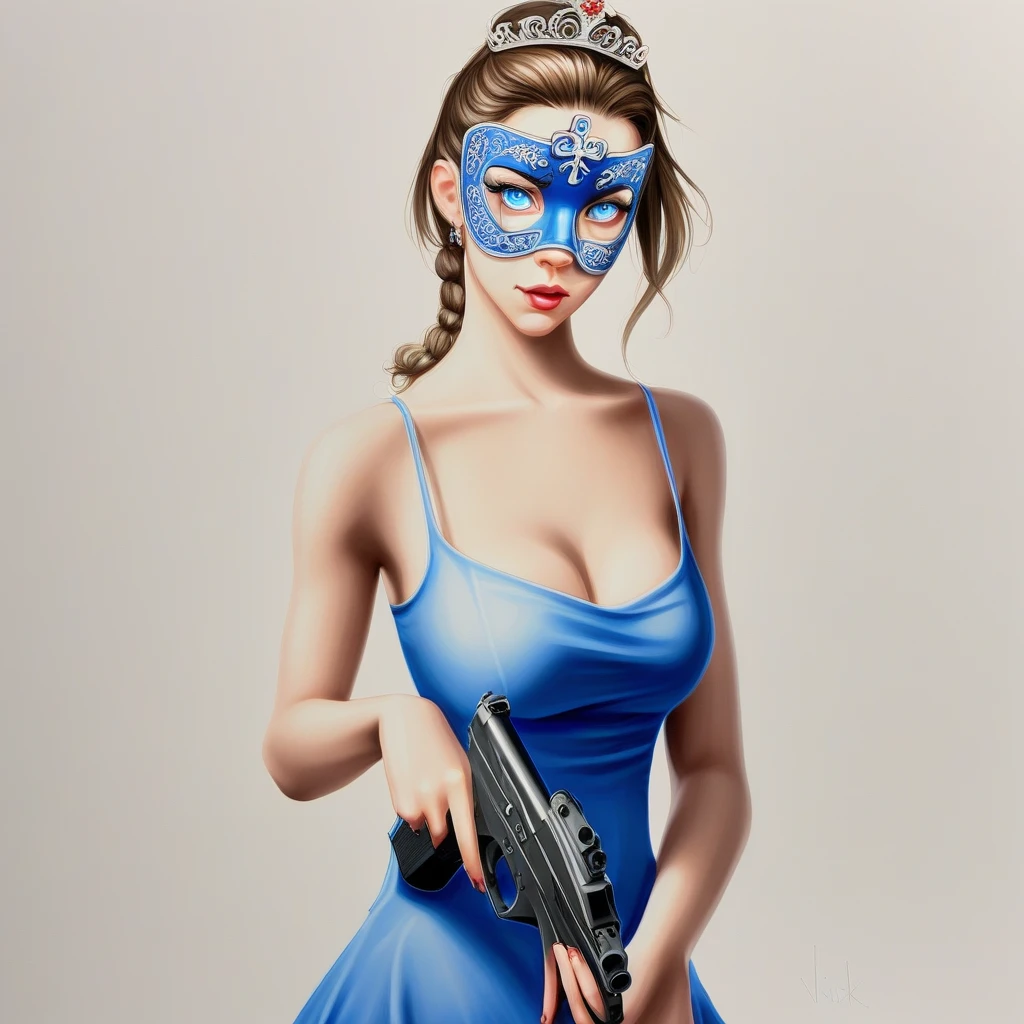 cross, realistic, mask, bare shoulders, tank top, china dress, tiara, looking back, blue eyes, handgun