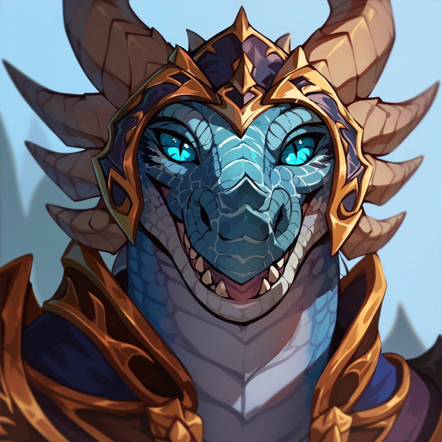 score_9, score_8_up, score_7_up, score_6_up, score_5_up, score_4_up, rating explicit, source furry BREAK
male, dracthyr, warcraft, dragon, mythological creature, western dragon, happy, open smile, blue eyes, unusual pupils, slit pupils, facial spikes, facial markings, armor, face armor, jewelry, blue scales, white scales, multicolored scales, looking at viewer, bust portrait, <lora:Dracthyr_4PonyXL:0.8>