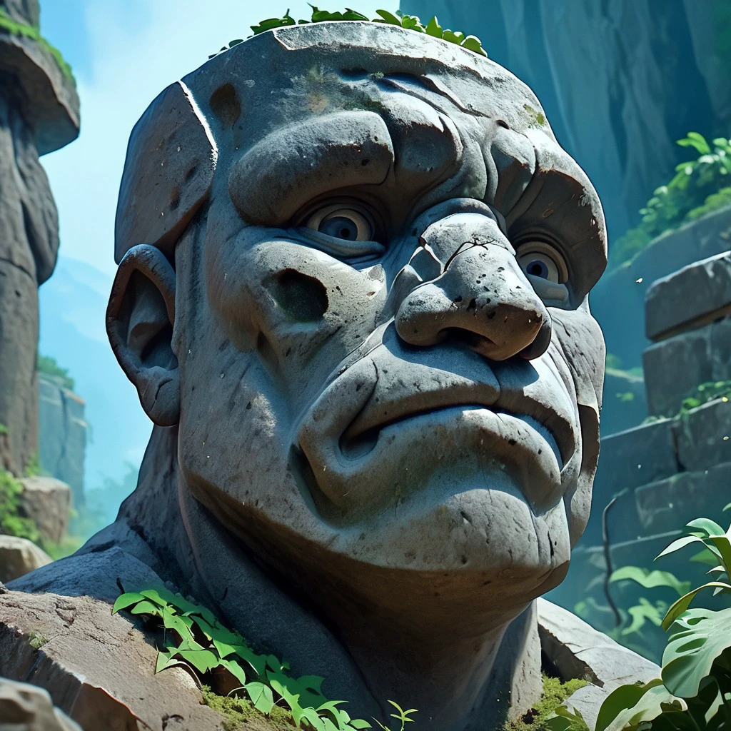 score_9,score_8_up,score_7_up, 
giant rock GOLEM with plants growing on shoulders, rough rocks, rough stone, unpolished, dirty, ancient, STANDING, Moai face, Moai Statue, Moai face,