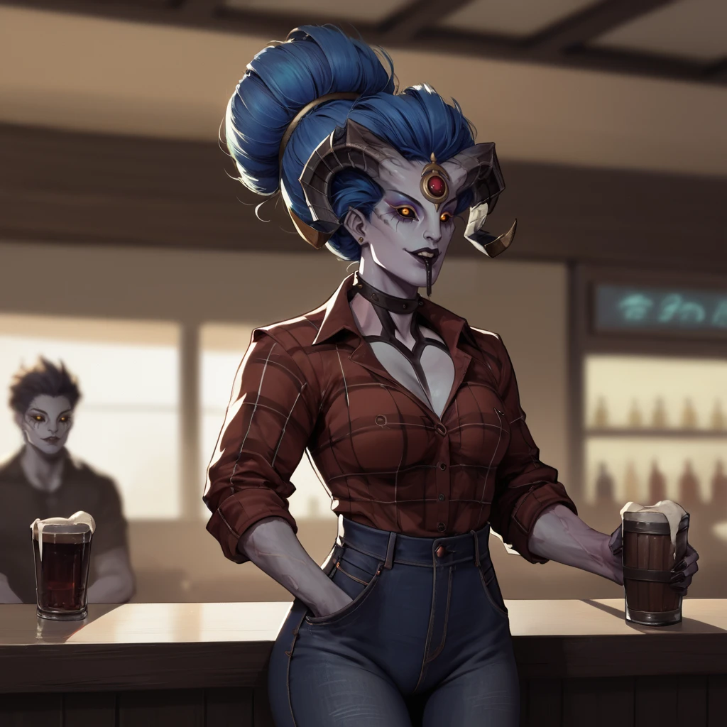 score_9, score_8_up, score_7_up, warm lighting, waist up, source_anime,
HeraldofSlaanesh, blue hair, black sclera,
Wearing a flannel and jeans, pub, blurry background,
<lora:HeraldofSlaanesh:0.8>