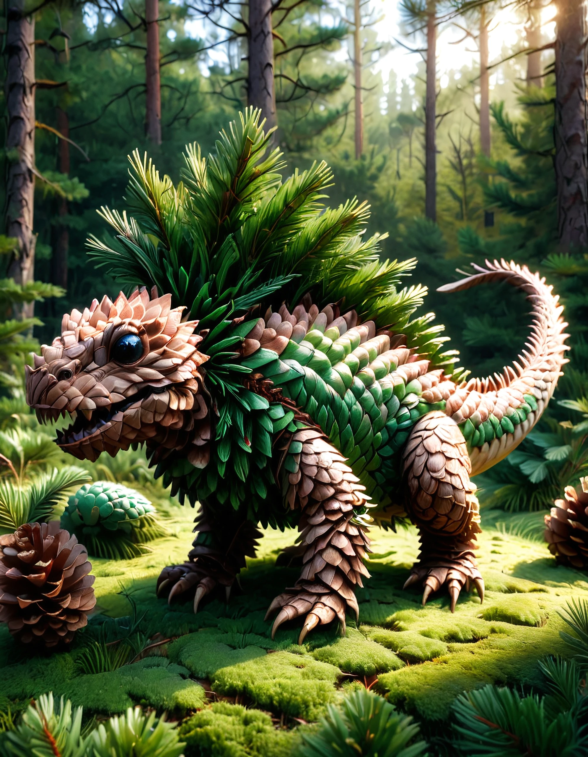 detailed funny fluffy creature made of pine cones and needles, diplodocus inspired, jumping around in long grass, creative scene, cinematic light, pines and needles