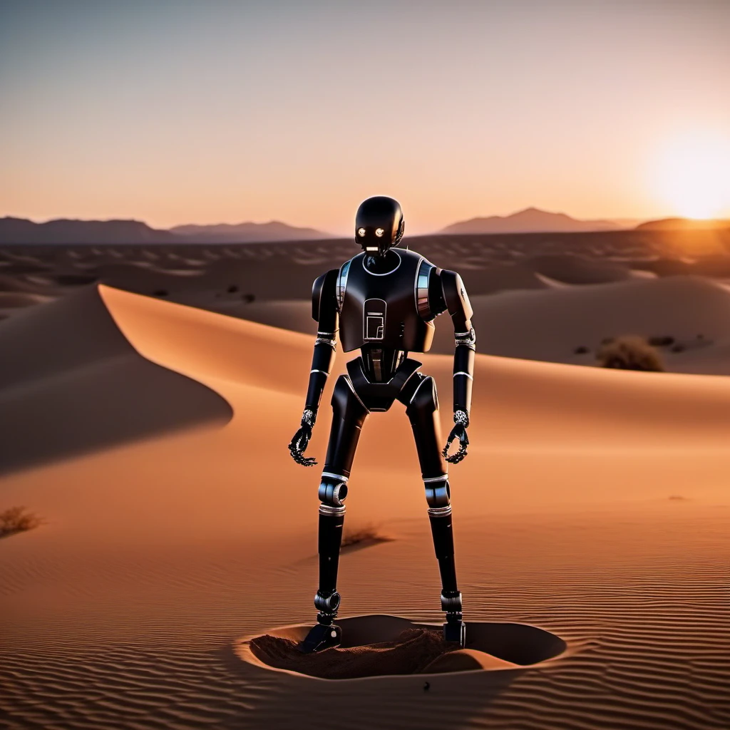 cinematic photo robot, solo, no humans, standing in the desert, sunset  <lora:K2SO:0.8> . 35mm photograph, film, bokeh, professional, 4k, highly detailed