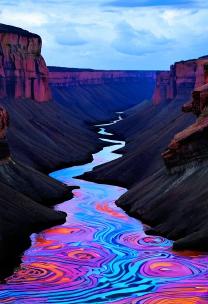 surrealist landscape with a canyon with water in the colours of the rain bow, there are psychedlic motifs on the sides of the cliffs