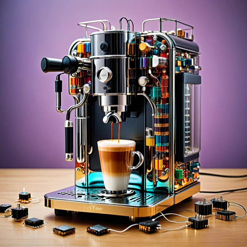 coffee machine made out of transistors , looks beautiful and aesthetic, colorful background  <lora:TransistorsXL_LoRA:1>