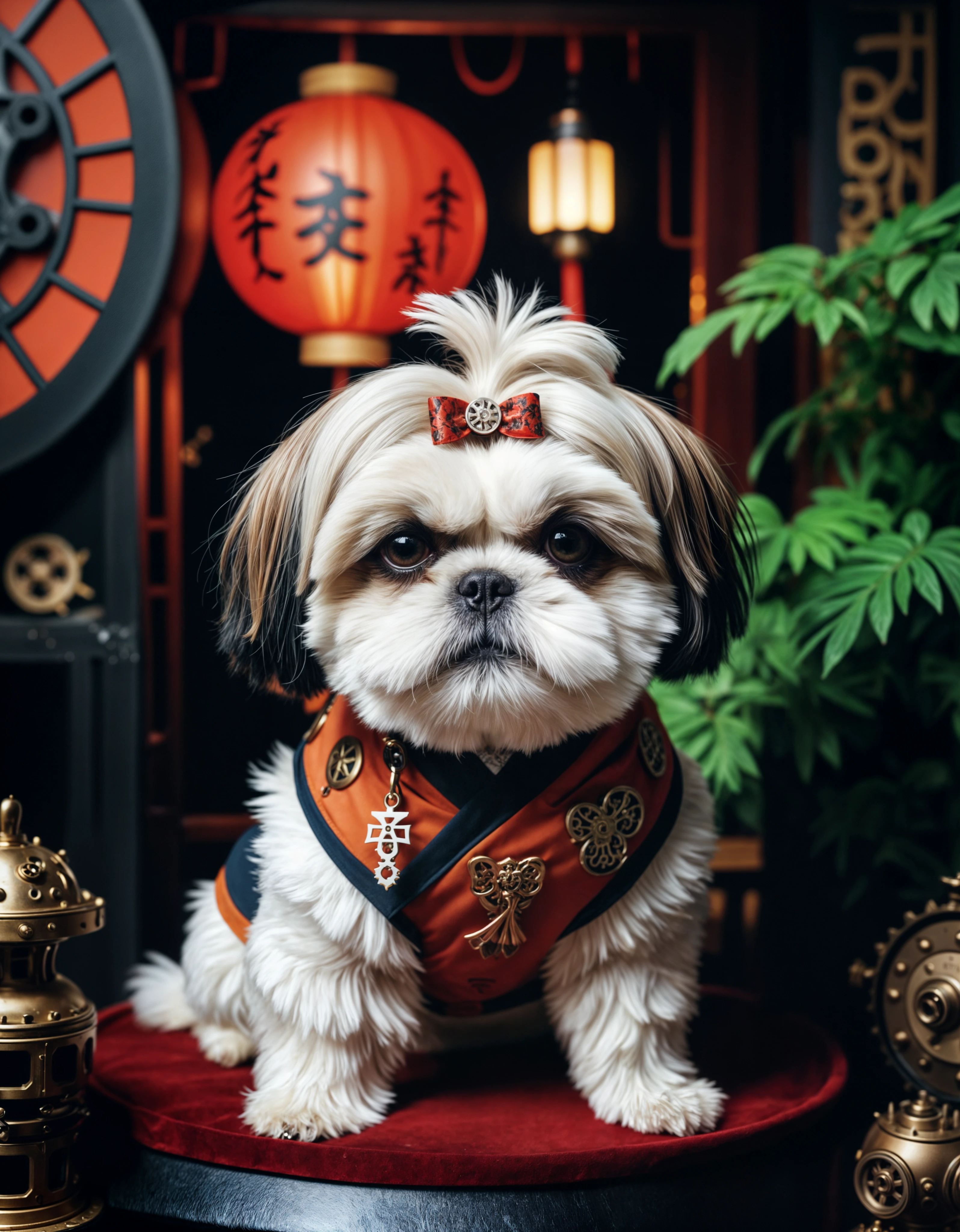 macro, nature photoshoot, photograph, Steampunk Shih Tzu, Shinto background, Smoky Conditions, Cozy, Royalcore, Moonlit, Cinestill, Ilford XP2 400, Selective focus, Vibrant Color, fauna, intricate detail, beautiful detailed supreme quality color intricate, handsome, dynamic dramatic atmosphere, enhanced quality