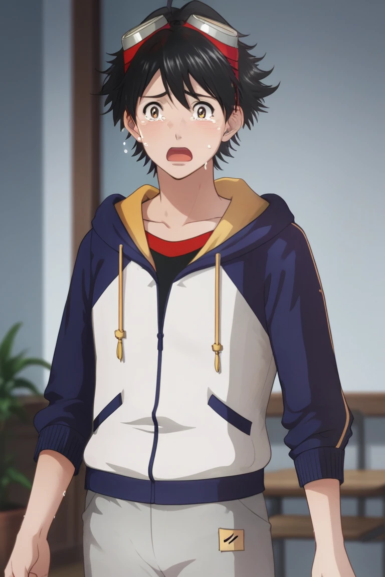 score_9, score_8_up, score_7_up, score_6_up, detailed, intricate details,best quality ,source_anime,
takuma momozuka, black hair, brown eyes, blue hoodie, black shirt, 1boy, grey pants, male focus, goggles, tears, hood, open mouth, crying, hoodie, goggles on head<lora:EMS-421709-EMS:1.000000>