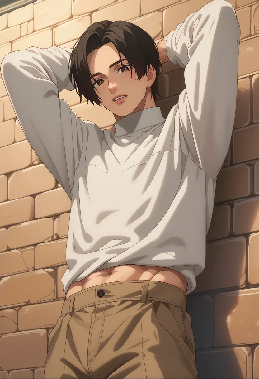 score_9, score_8_up, score_7_up, source_anime, rating_explicit, shadow, Kyofection, 1boy, male focus, anime screencap, turtleneck hem, abs, against a wall, brown pants, arms up, hands behind head, from below, looking down at viewer,