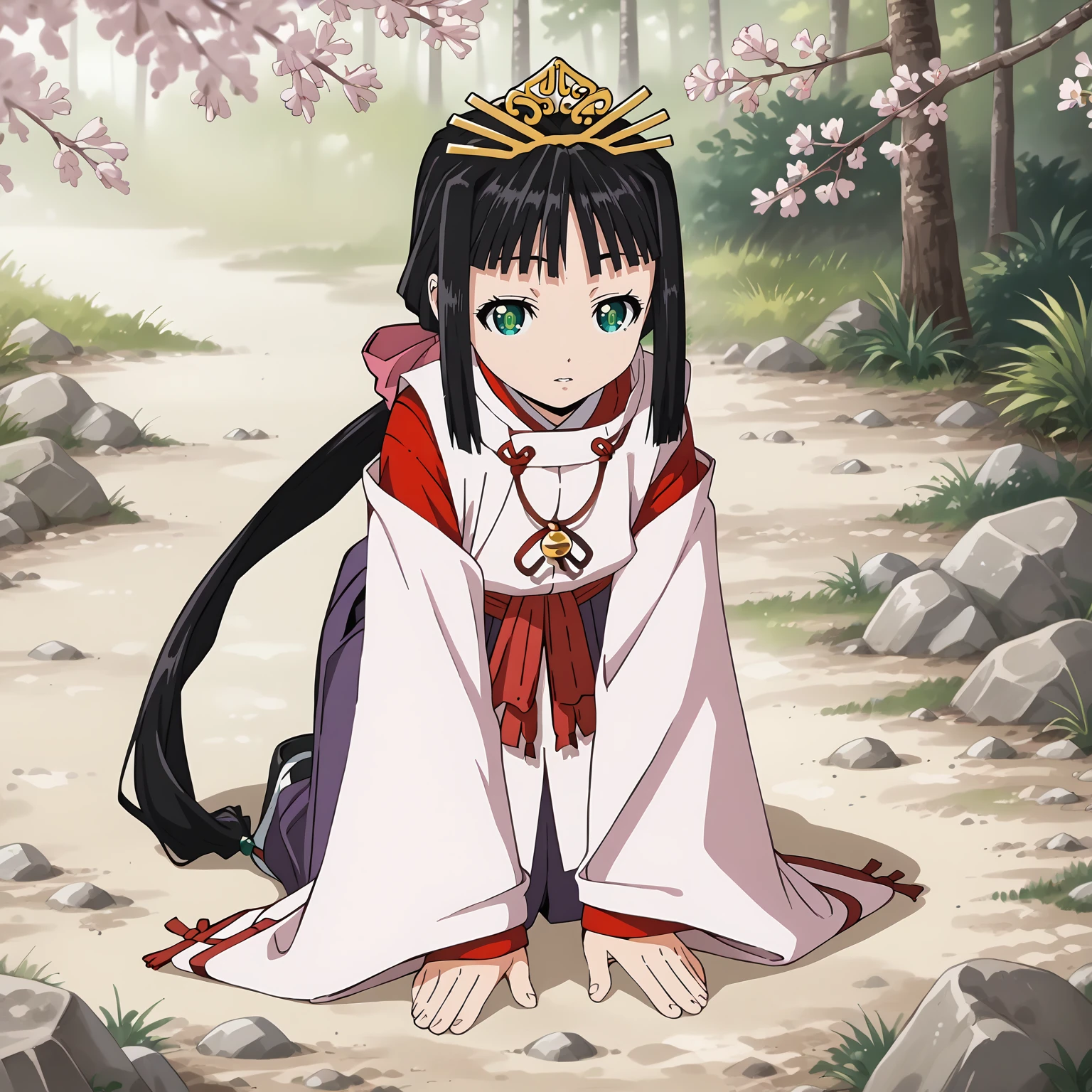 <lora:TES_ShizukuXLpony002>,
parted lips,
solo,
Shizuku,1girl,black hair,low ponytail,hair ribbon,green eyes,
very long hair,
tiara,
miko,
hakama,tabi,
outdoors,nature,cherry blossoms,
all fours,