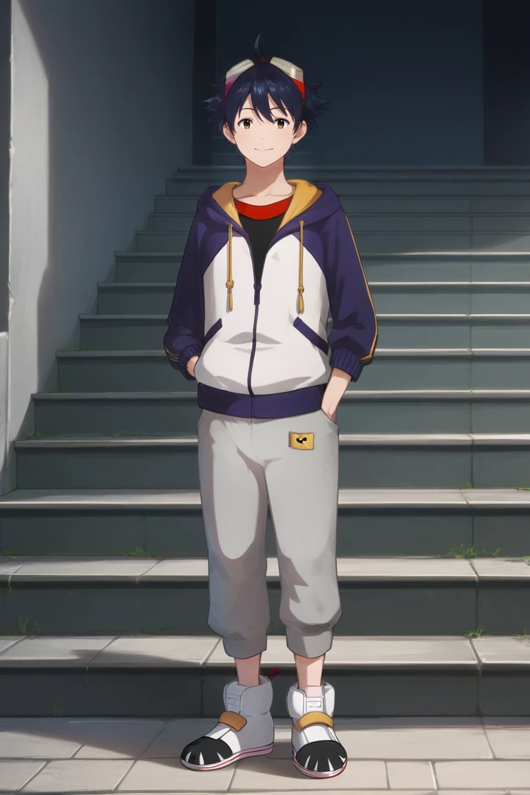 score_9, score_8_up, score_7_up, score_6_up, detailed, intricate details,best quality ,source_anime,
takuma momozuka, black hair, brown eyes, blue hoodie, black shirt,1boy, stairs, male focus, grey pants, hood, hands in pockets, pants, hoodie, ahoge, shoes, standing, short hair, blue hair, closed mouth, hood down, jacket, sneakers, smile, hooded jacket, shirt, long sleeves, full body<lora:EMS-421709-EMS:1.000000>