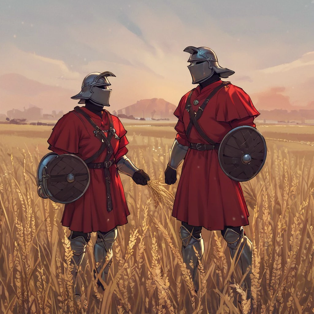 score_9,score_8_up,score_7_up, a spanish man wearing armor and helmet  in a wheat field, red shirt, red tunic, holding a big shield, outdoors, hills, sunset