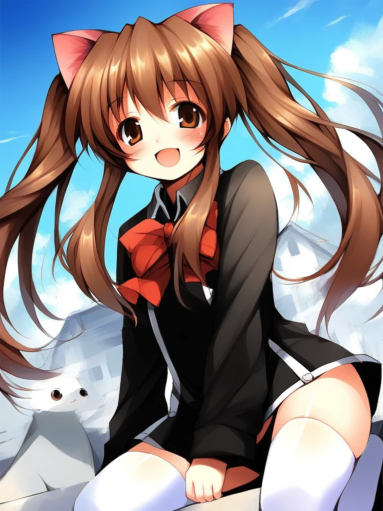 score_9, score_8_up, score_7_up, source_anime, rating_explicit, BREAK  <lora:aloe_QMA_XL:1> aloe_QMA, brown hair, twintails, brown eyes, long hair, cat ears, 
1girl, solo,  thighhighs, brown eyes, open mouth,  smile, blush, bow, black dress, school uniform, white thighhighs,