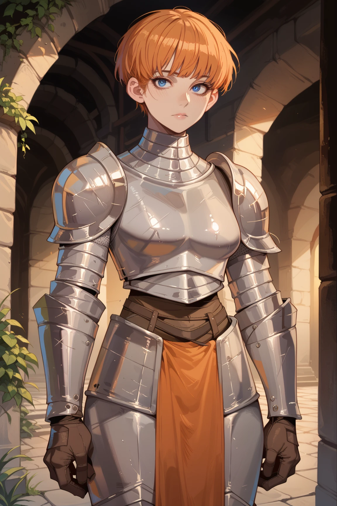 solo, 1girl, knight, steel armor, steel pauldrons, breastplate, darceFH, orange hair, bangs, blue eyes, standing, full body, dungeon, looking at viewer, <lora:darceFH:0.9>,  <lora:ratatatat74_pony_v1:0.85>, score_9, score_8_up, score_7_up, score_6_up