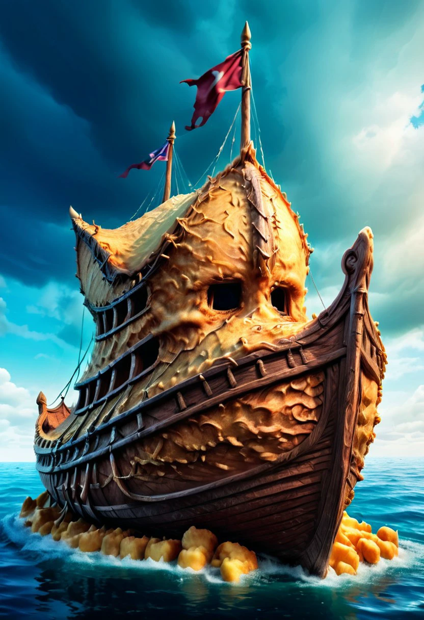 Deep Fried & Crispy, viking ship, ocean background,