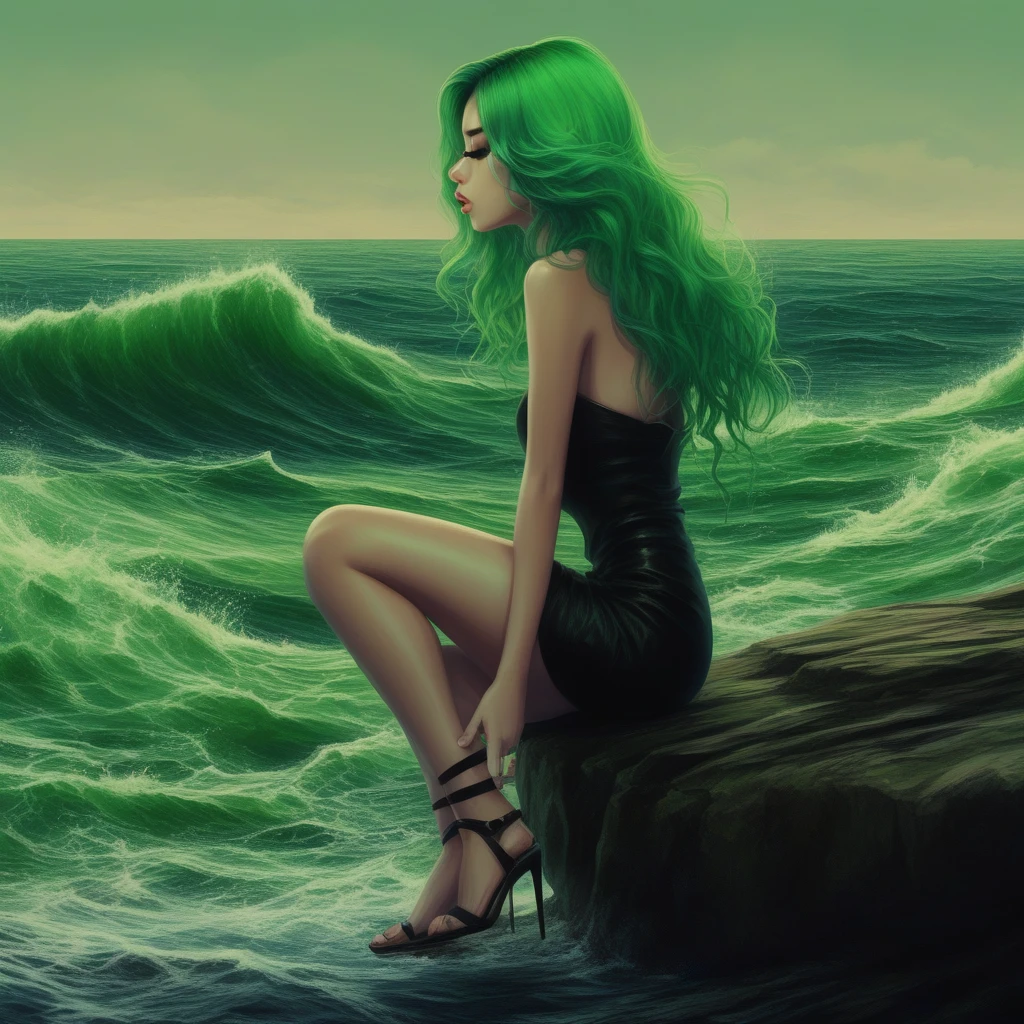 gradient, rock, high heels, teeth, green hair, waves, sky, 1girl, water, painting (medium)
