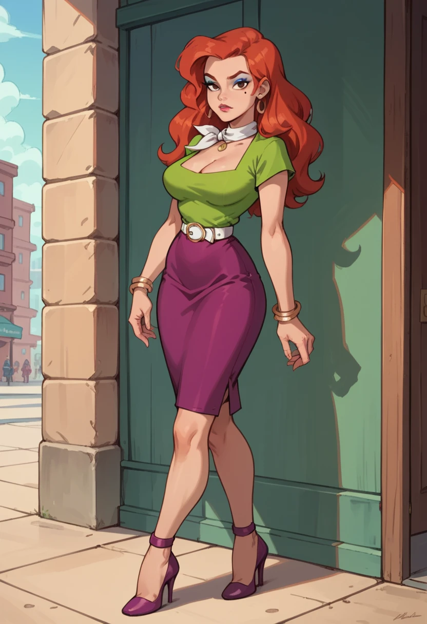 Score_9, score_8_up, score_7_up, score_6_up, hud_cous1n_mel, 1girl, red hair, brown eyes, solo, jewelry, earrings, makeup, mole under eye, blue eyeshadow, cleavage, green shirt, purple skirt, white belt, neckerchief, high heels, <lora:hud_cous1n_mel_XLP:0.7>