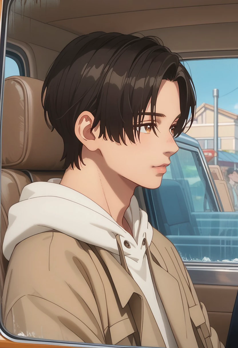 score_9, score_8_up, score_7_up, source_anime, rating_safe, glass, Kyofection, 1boy, male focus, anime screencap, white hoodie, light brown coat, behind glass, car interior, simple days are the best~