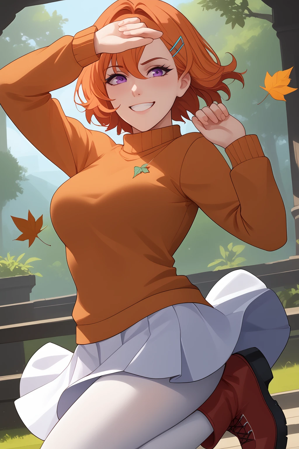 She wears an orange sweater, leaf-like hairclip on the left side of her hair, a white skirt, white leggings and red boots. She has amaranth hair and purple eyes.
(nsfw), (uncensored), (score_9), score_8_up, score_7_up, source_anime, cowboy shot, dynamic pose, 1 Female, solo, happy smile joy, blush, ashamed, shy, sexy, charming, alluring, seductive, enchanting, erotic<lora:EMS-423241-EMS:0.800000>